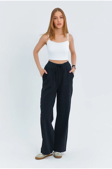 Black Pocket Detailed Denim Look Wide Leg Trousers