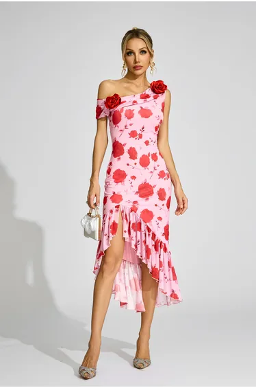 Aldridge Pink Rose - Print One - Shoulder Dress
