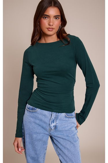 Forest Green Soft Cotton Ruched Side Long Sleeve Top