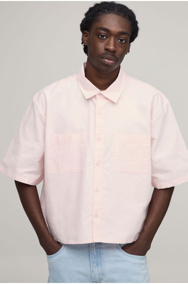 Boxy Cropped Half Sleeve Oxford Shirt - pink