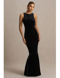 Pippa | Black Velvet Crew-Neck Mermaid Maxi Dress - 2