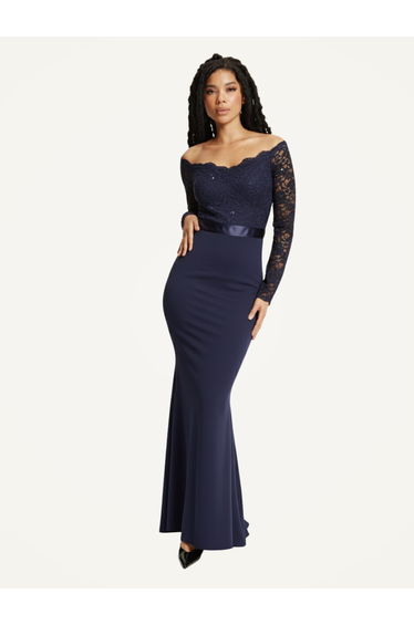 Navy Lace Long Sleeve Maxi Dress