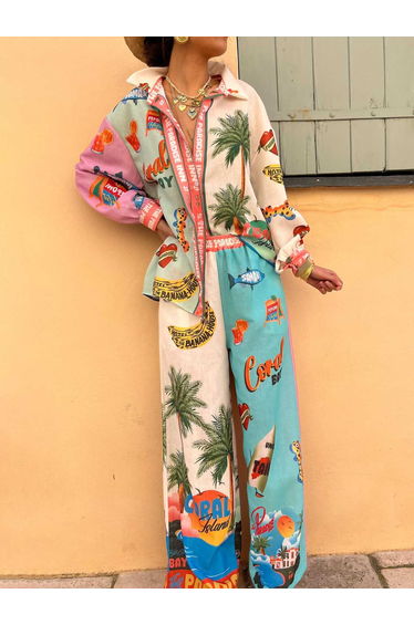 Unique Resort Island Print Long-sleeved Shirt