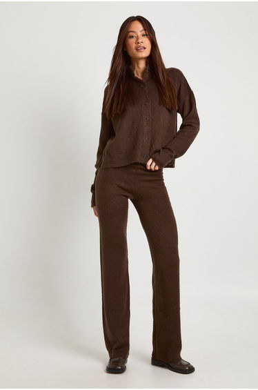Tall Soft Knit Button Through Cardigan and Wide Leg Trouser Co-Ord - chocolate