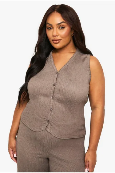 Plus Crinkle Plisse Button Down Waistcoat - taupe