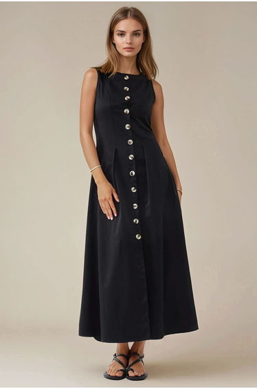 Sleeveless A-Form Maxi Dress with Button Detail
