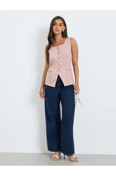 Women Pink Square Neck Waistcoat