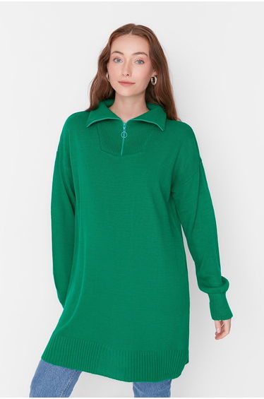 Green High Neck Zipper Knitwear Sweater