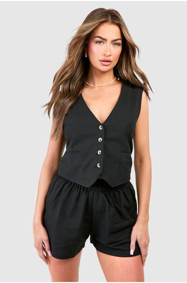 Linen Look Waistcoat & Relaxed Fit Shorts - black