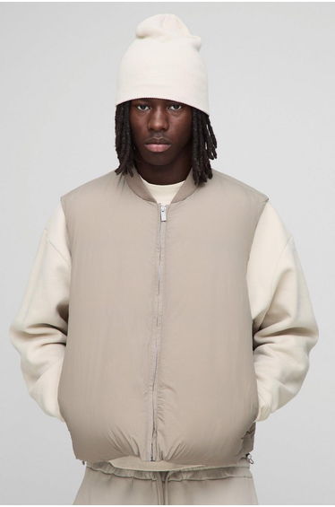 Regular Fit Mono Padded Bomber Neck Gilet - taupe