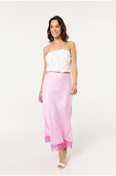 Pink Lace Trim Satin Maxi Skirt