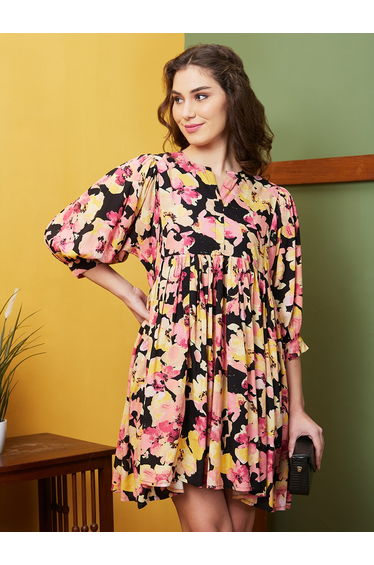Women Black Floral Printed Round Neck A-Line Mini Dress