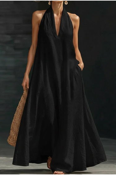 A-Line Loose Pockets Solid Color V-Neck Maxi Dresses