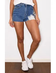 PRETTYLITTLETHING Mid Blue Wash Distressed Denim Mom Shorts - 1