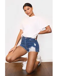 PRETTYLITTLETHING Mid Blue Wash Distressed Denim Mom Shorts