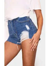 PRETTYLITTLETHING Mid Blue Wash Distressed Denim Mom Shorts - 4