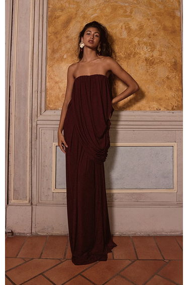 PLT Label Mulberry Mesh Drape Bandeau Maxi Dress