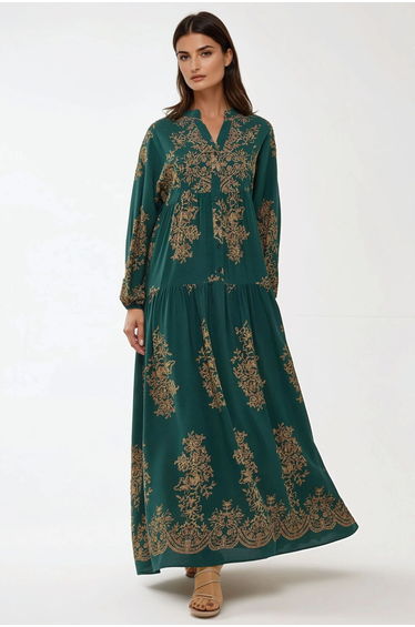 Printed Long Sleeve Viscose Maxi Dress