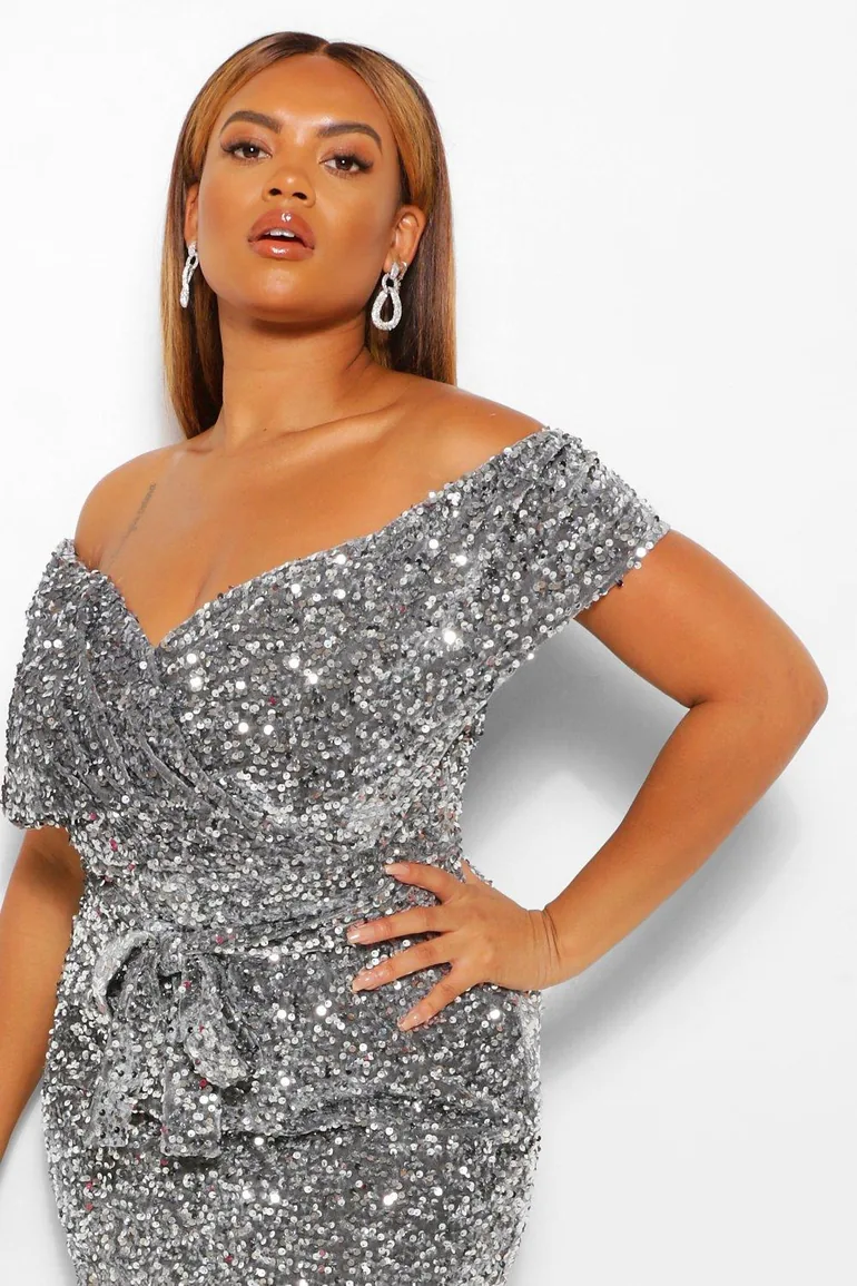 plus sequin off the shoulder wrap midi dress Plus Sequin Off The Shoulder Wrap Midi Dress