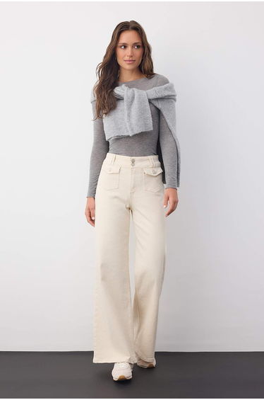 Ecru High Waist Pocket Detailed Comfort Wide Leg Palazzo Jeans