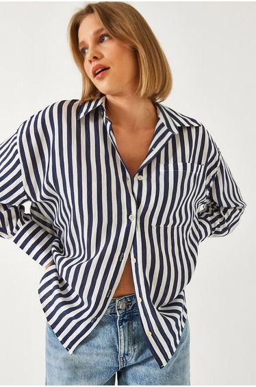 Women's Single Pocket Striped Oversize Shirt