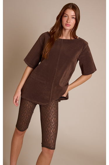 Dark Chocolate Faux Suede Oversized Boxy Detail Structured Top