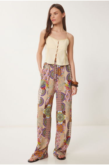 Women's Cream Pink Patterned Summer Wide Leg Pants