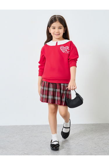 Girls Red Long Sleeve Top and Checked Skirt Set
