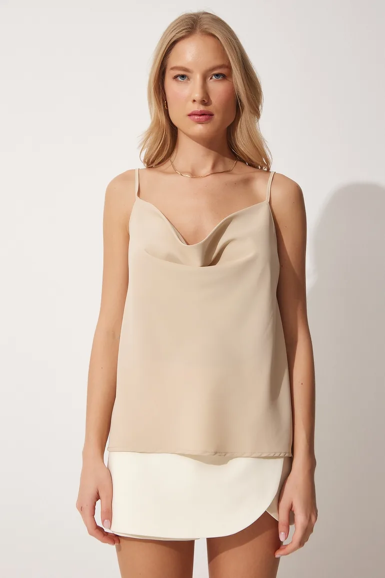 Happiness İStanbul Beige Cowl Neck Sleeveless Blouse - 3