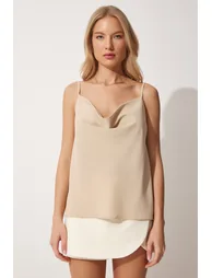 Happiness İStanbul Beige Cowl Neck Sleeveless Blouse - 3