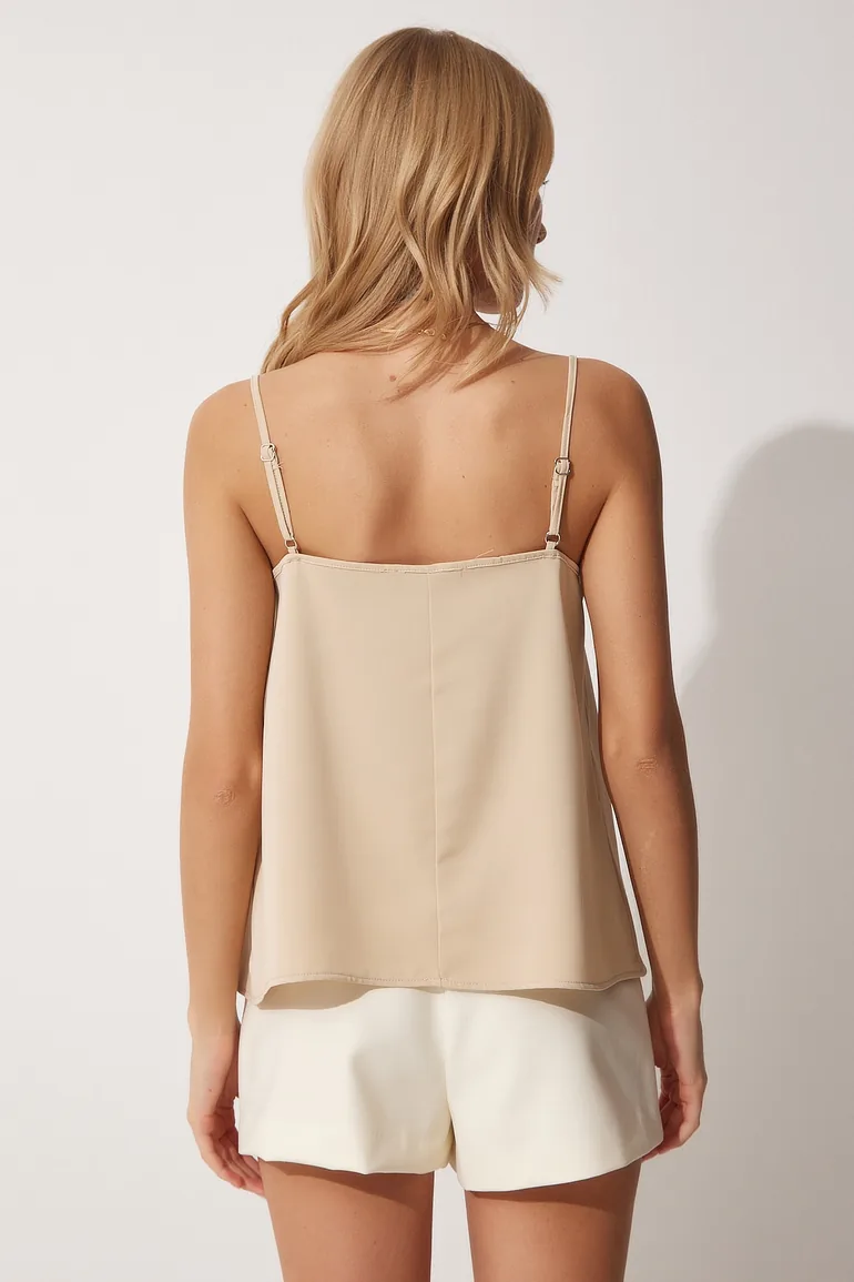Happiness İStanbul Beige Cowl Neck Sleeveless Blouse - 4