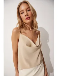 Happiness İStanbul Beige Cowl Neck Sleeveless Blouse - 1