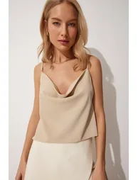 Happiness İStanbul Beige Cowl Neck Sleeveless Blouse - 2