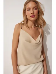 Happiness İStanbul Beige Cowl Neck Sleeveless Blouse