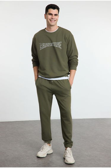 Khaki Oversize / Wide Cut Text Printed Tracksuit