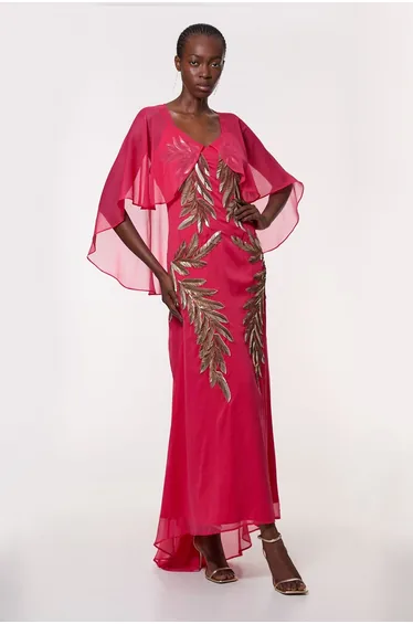 Tall Feather Embellished Woven Cape Sleeve Maxi Dress