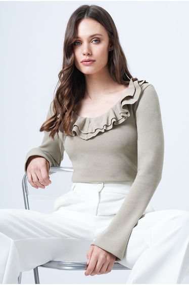 Women's Water Green Wide Neck Ruffled Knitted Blouse