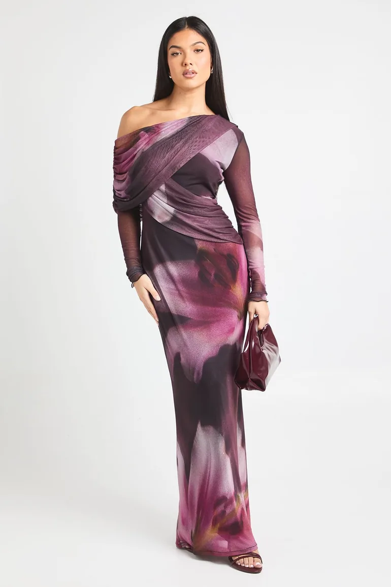 Tonal Floral Mesh Drape Detail Maxi Dress - black