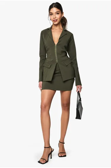 Bengaline Split  Hem Mini Skirt - khaki