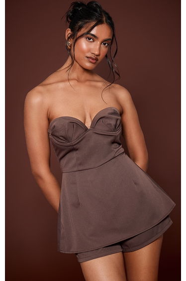Chocolate Woven Bust Cup Detail Peplum Playsuit