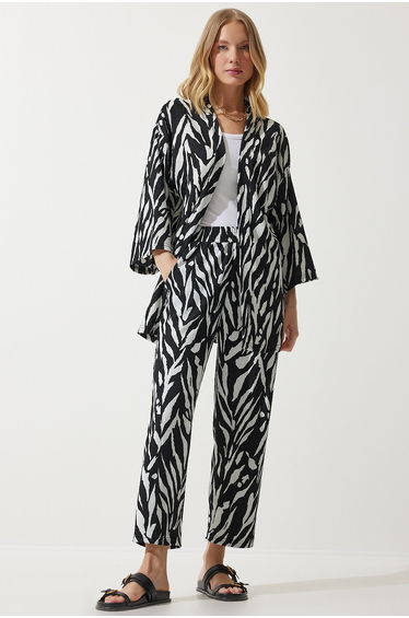 Women's Black Patterned Kimono Pants Knitted Set