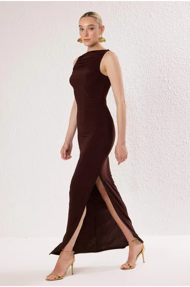 Brown Straight Shirring / Drape Knitted Sandy Maxi Evening Dress & Graduation Dress