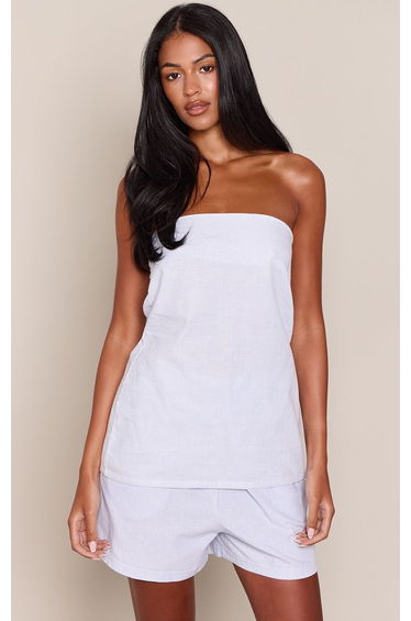 Tall Blue Woven Striped Bandeau Longline Top