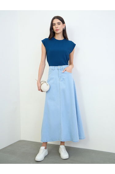 denim maxi length straight fit washed skirt with CB slit