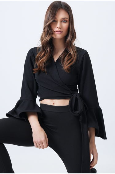 Women's Black Double-Breasted Tie Detail Flared Sleeve Crop Blouse