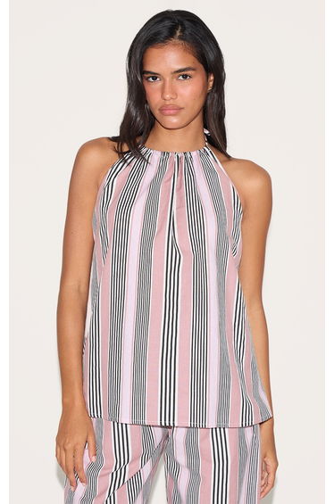 Pink Linen Look Striped Halterneck Top