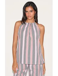 Pink Linen Look Striped Halterneck Top