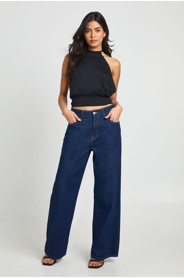 Sculpting Matte Slinky Cinched Waist Halterneck Top - black