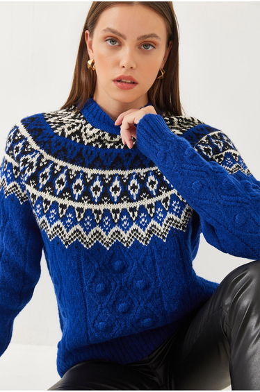 Women's Crew Neck Patterned Jacquard Knitwear Sweater