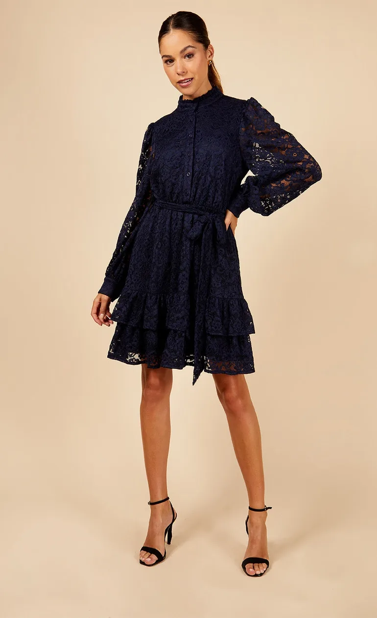 Shop Navy Lace Mini Shirt Dress Online in Qatar